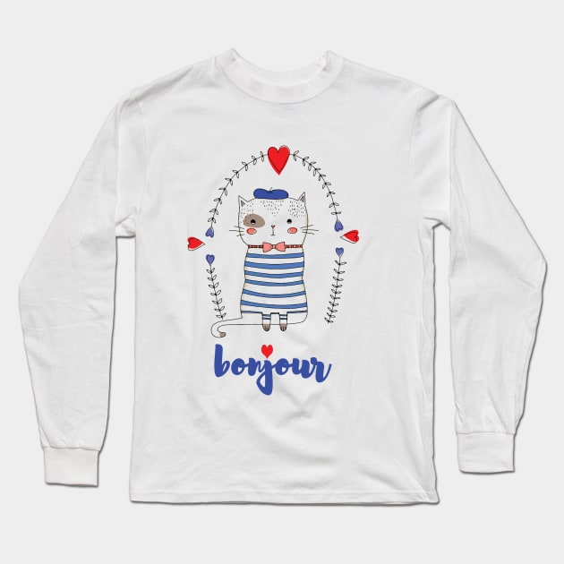 A cute french cat saying bonjour Long Sleeve T-Shirt by maggzstyle